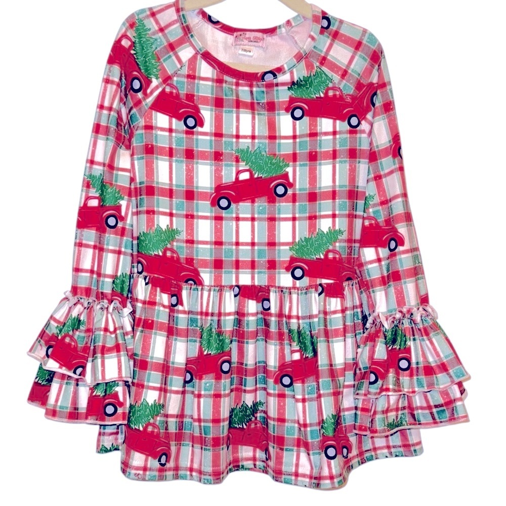 Clover Cottage Size 7/8yrs Plaid Ruffled Sleeve Red Christmas Truck Tunic/Dress